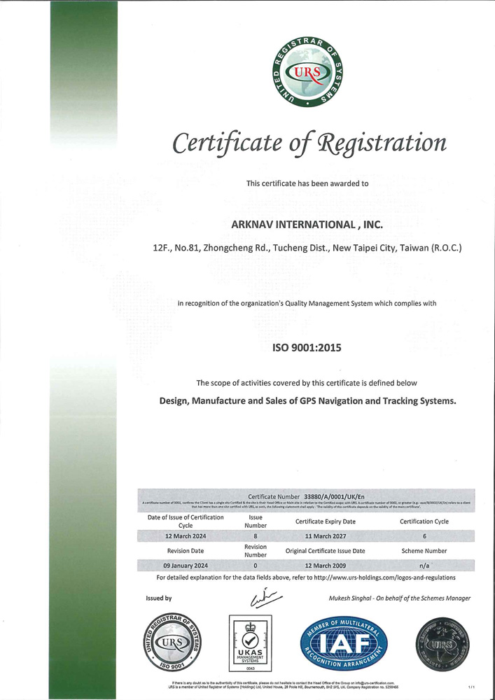 ARKNAV GPS TRACKER Manufacturer ISO 9001 Certificate