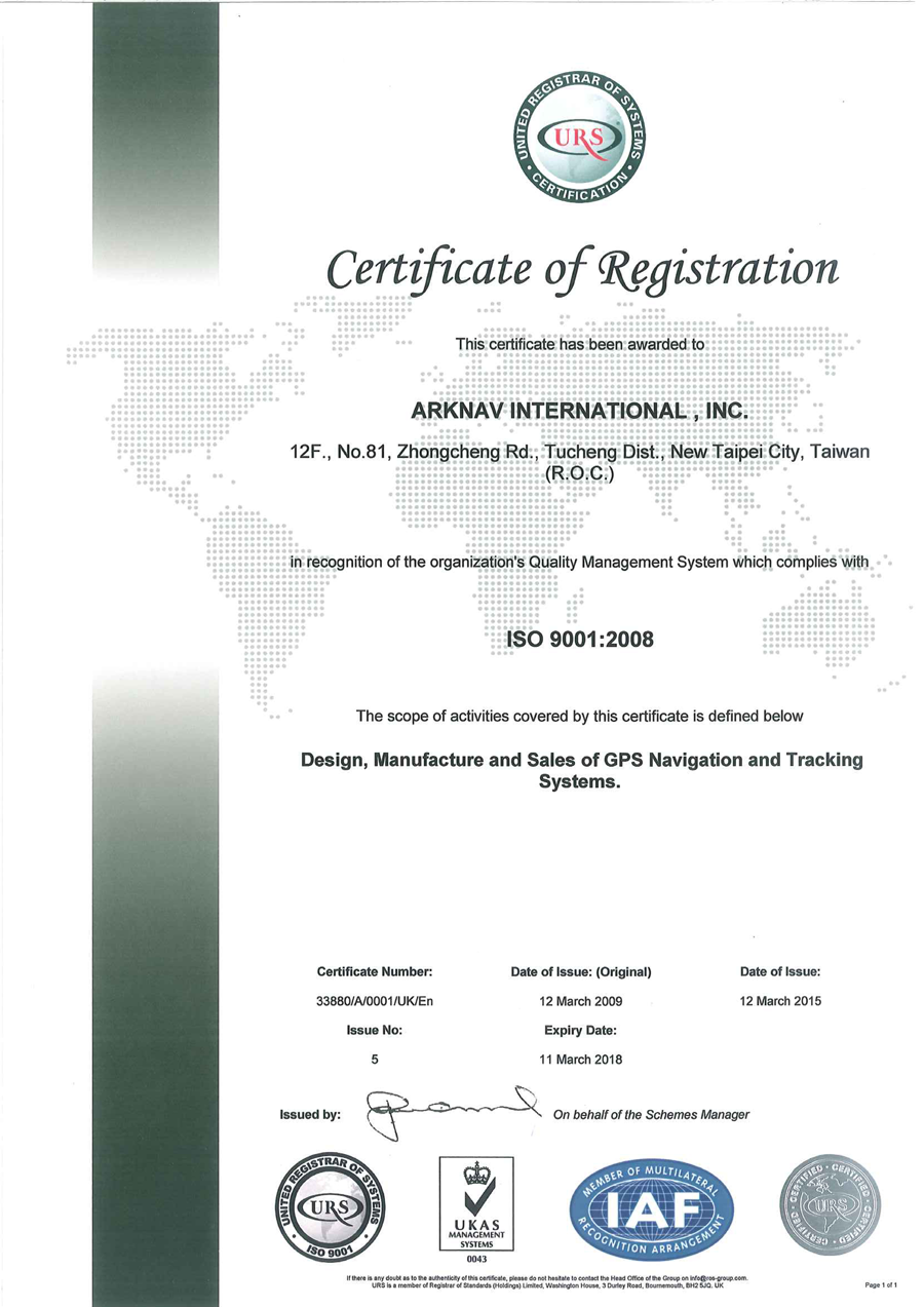 Arknav GPS Tracker manufacturer ISO Certificate