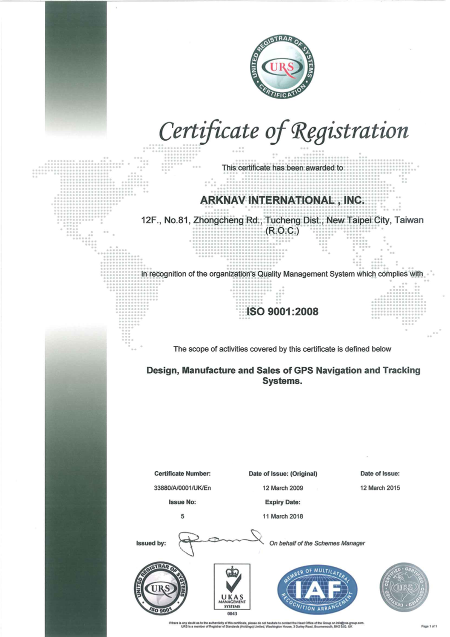 ARKNAV GPS TRACKER Manufacturer ISO Certificate
